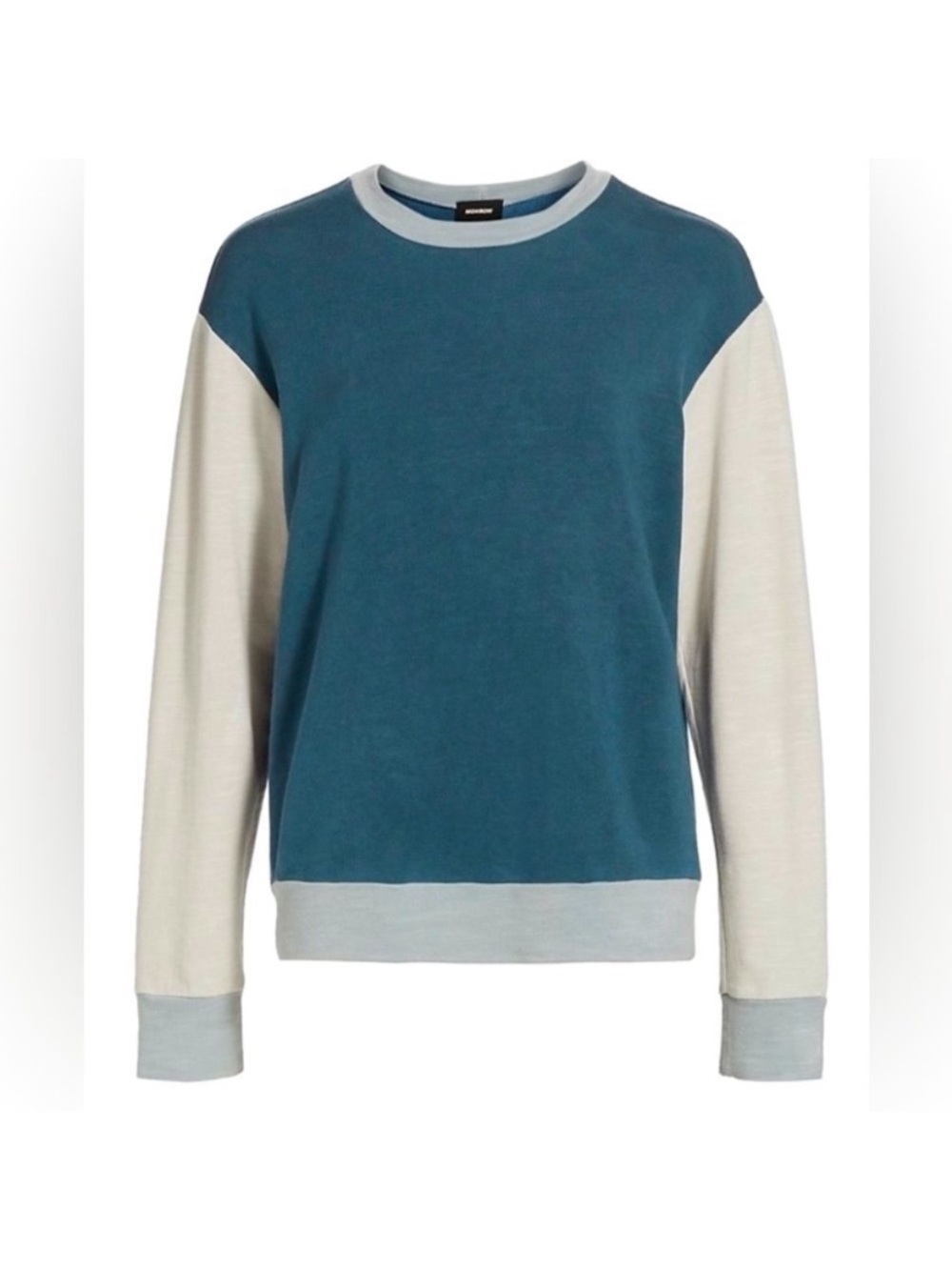 NWT Women’s Monrow Teal and Cream Colorblock Crewneck Sweater. Size Small